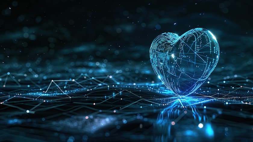 Longevity als Investmentthema: Wo medizinischer Fortschritt ökonomischen Wert schafft This image presents a conceptual glowing blue digital heart with intricate connections, symbolizing love or health in the digital era. Ideal for themes involving romance, technology