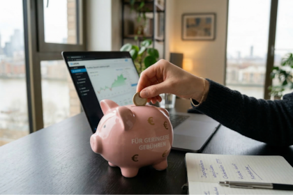 So sparen Anleger beim Aktienhandel Gebühren Eine Hand wirft eine Münze in ein rosa Sparschwein mit der Aufschrift „FÜR GERINGERE GEBÜHREN“, im Hintergrund ein Laptop mit einem steigenden Aktienchart.