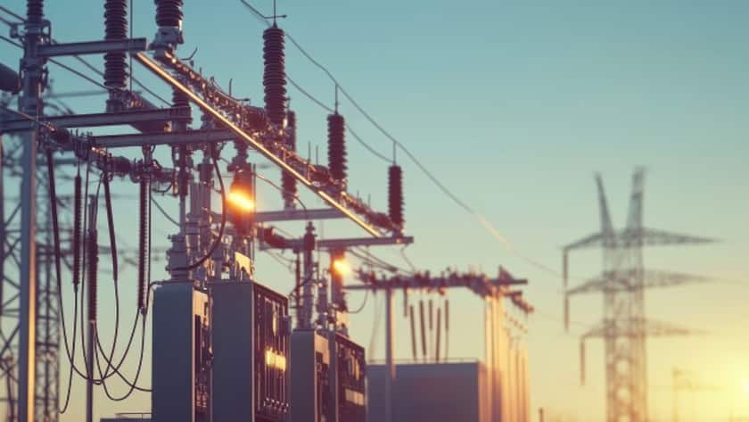 Energieversorger unter Strom Electric power substation with transformers and high-voltage equipment, critical infrastructure, energy distribution, high solution.