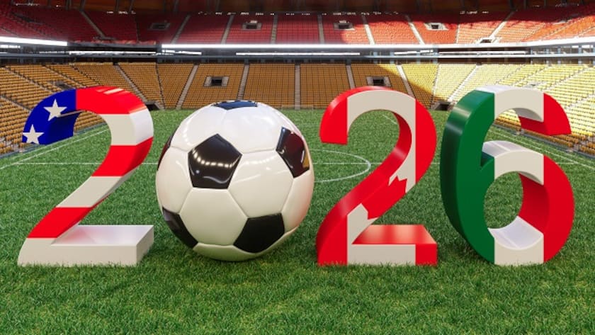 WM 2026 – es darf geträumt werden Soccer ball placed between the numbers 2026 on a football field inside a modern stadium, symbolizing the 2026 international tournament