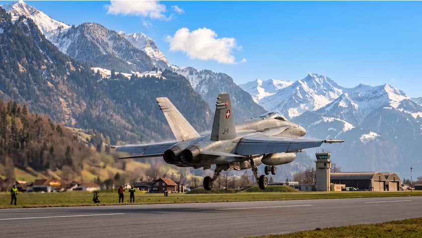 Geopolitik im Depot: 5 Aktien für eine Welt im Wandel F/A-18 Hornet der Schweizer Luftwaffe im Steigflug: Symbol für das steigende Rüstungsbudgets in einer sich verändernden Weltordnung.