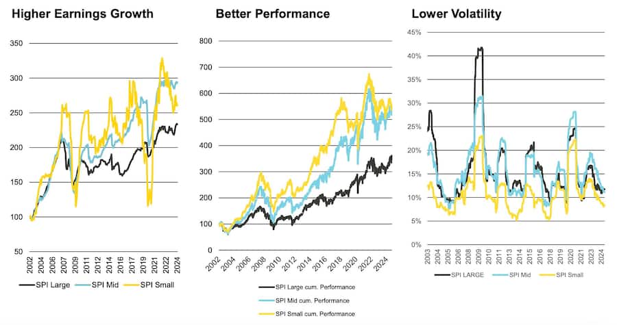 Verglichen mit Large Caps erzielen Schweizer Nebenwerte über einen gesamten Marktzyklus hinweg höhere Gewinne und bessere Kursentwicklungen bei geringerer Volatilität.
